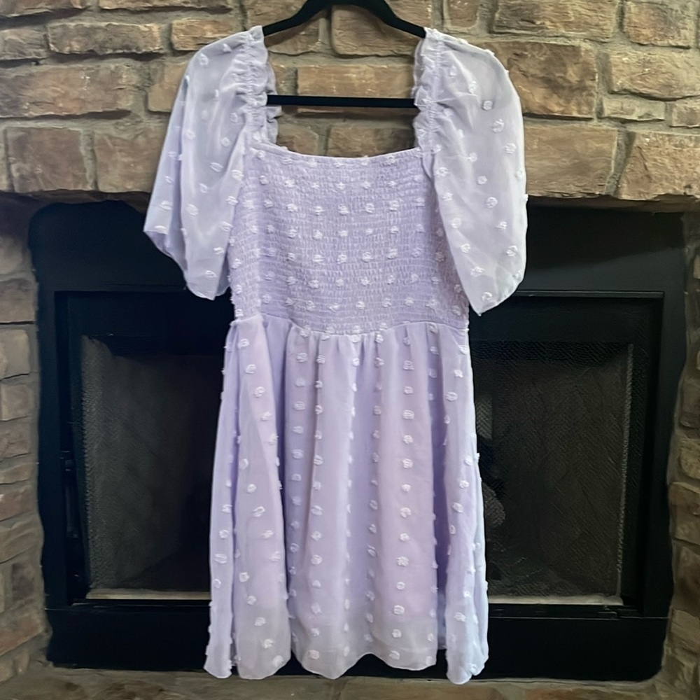 NWT Exlura purple midi dress with sheer sleeves and flower detail throughout. XL